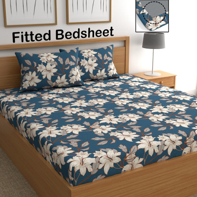 CHHAVI INDIA 210 TC Microfiber Double Printed Fitted (Elastic) Bedsheet(Pack of 1, Blue)