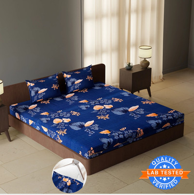 CARLTON LONDON 144 TC Polyester Double Floral Fitted (Elastic) Bedsheet(Pack of 1, Navy)