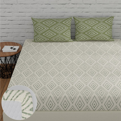 Huesland 144 TC Cotton King Geometric Fitted (Elastic) Bedsheet(Pack of 1, White & Sage Green)