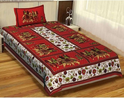 StitchCrafted Cotton Single, Crib Flat 220 TC Jaipuri Prints Bedsheet(Pack of 1, Red)