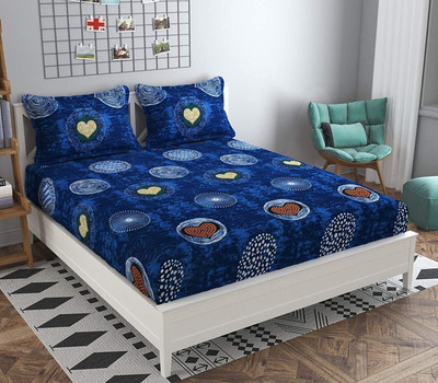 precise fabrics Microfiber Double Fitted (Elastic) 250 TC Printed Bedsheet(Pack of 1, Blue)