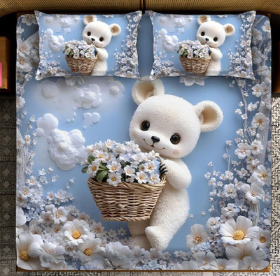 Chhogli Microfiber Double Flat 400 TC Cartoon Bedsheet(Pack of 1, 7D TEDDY WITH BASKET PRINT BEDSHEET(90X100))