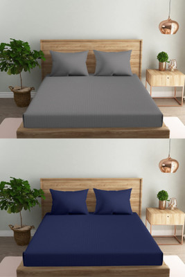 VORDVIGO 300 TC Satin Double Striped Fitted (Elastic) Bedsheet(Pack of 2, Grey & Blue)