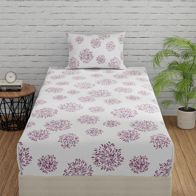 Huesland Cotton Single Flat 144 TC Geometric Bedsheet(Pack of 1, White (Mauve Print))