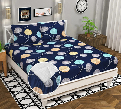 VAS COLLECTIONS 180 TC Cotton Double Floral Fitted (Elastic) Bedsheet(Pack of 1, Blue, 72x70 +6 inc)