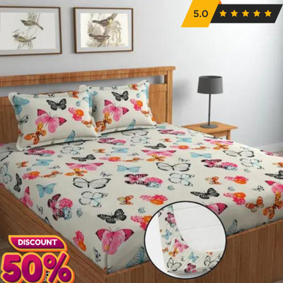TEXIVA 320 TC Cotton Double Printed Fitted (Elastic) Bedsheet(Pack of 1, White)