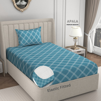 Apala 280 TC Microfiber Single Geometric Fitted (Elastic) Bedsheet(Pack of 1, Blue)
