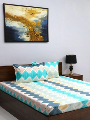vnm home Microfiber King Fitted (Elastic) 210 TC Printed Bedsheet(Pack of 1, White, Orange)