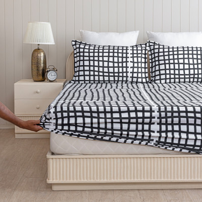 HOMEMONDE 210 TC Cotton Double Printed Fitted (Elastic) Bedsheet(Pack of 1, Monochrome Stria)