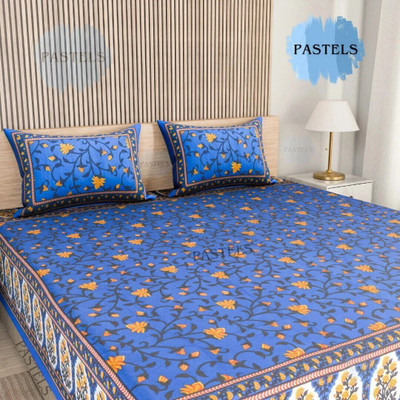 Pastels Cotton Double Flat 144 TC Jaipuri Prints Bedsheet(Pack of 1, Blue, Grey, Orange, Black)