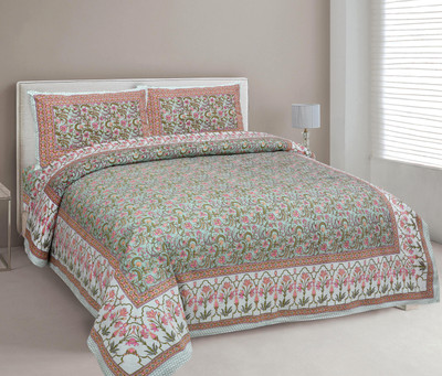 urban jaipur 250 TC Cotton Double Jaipuri Prints Flat Bedsheet(Pack of 1, Green, Beige)