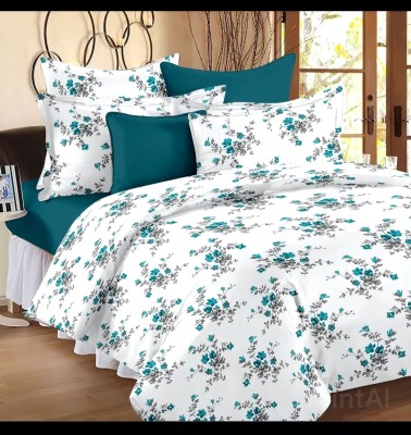 GAARVI HOMES 300 TC Cotton King Floral Fitted (Elastic) Bedsheet(Pack of 1, WHITE GREEN)