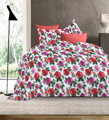 DECOR2ADMIRE Cotton Super King Flat 300 TC Printed Bedsheet(Pack of 1, 7D White Rose)