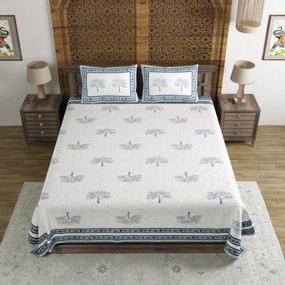 Blocks Of India Cotton King Flat 200 TC Paisley Bedsheet(Pack of 1, Light Grey)