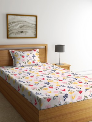 la' amour 160 TC Cotton Queen Floral Flat Bedsheet(Pack of 1, White Yellow)