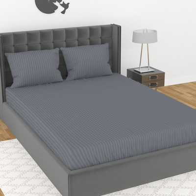 ROOMSTYLE 230 TC Cotton Single Striped Fitted (Elastic) Bedsheet(Pack of 1, Blue)