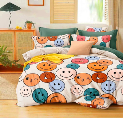 roman 300 TC Cotton Queen Printed Flat Bedsheet(Pack of 1, Multi Smily)