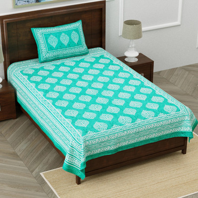 DGSM CRAFT Cotton Single Flat 104 TC Jaipuri Prints Bedsheet(Pack of 1, Turquoise, Cyan)