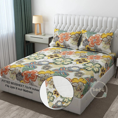 TINDLER KNOTS Cotton King Fitted (Elastic) 300 TC Printed Bedsheet(Pack of 1, Multicolor)