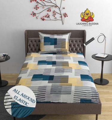 Laughing buddha 310 TC Cotton Single Printed Fitted (Elastic) Bedsheet(Pack of 1, Blue, Grey, Yellow)