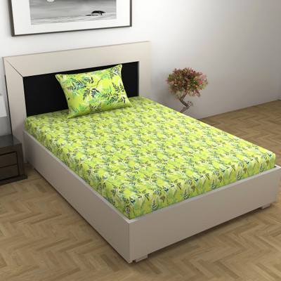 Divine Casa Cotton Single Flat 144 TC Floral Bedsheet(Pack of 1, Greenery Lime)
