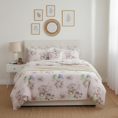 Sleepy Threads Polycotton Double, Queen Flat 200 TC Floral Bedsheet(Pack of 1, Light Cream)