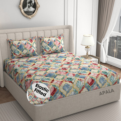 Apala 280 TC Microfiber King Printed Fitted (Elastic) Bedsheet(Pack of 1, Multicolor, Cream)