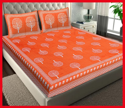 BedZone Cotton Double Flat 240 TC Jaipuri Prints Bedsheet(Pack of 1, Orange)