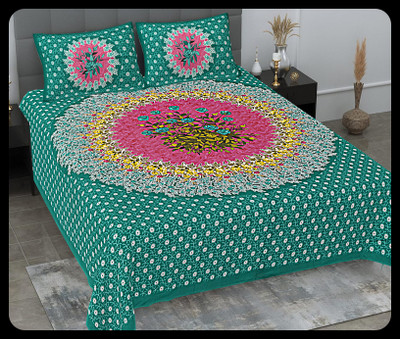 JAIPUR PRINTS Cotton Double Flat 220 TC Jaipuri Prints Bedsheet(Pack of 1, Green)
