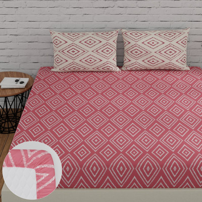 Huesland Cotton Double Fitted (Elastic) 144 TC Geometric Bedsheet(Pack of 1, Peach Pink & White)
