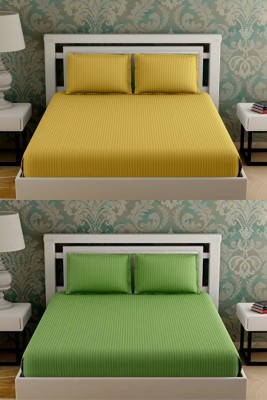 VORDVIGO 310 TC Cotton Double Striped Flat Bedsheet(Pack of 2, Yellow & Parrot)