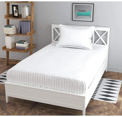 Vishal international 220 TC Cotton Single Striped Flat Bedsheet(Pack of 1, White)