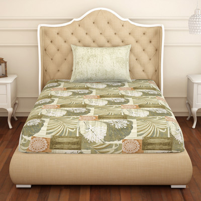 SPACES 144 TC Cotton Single Printed Flat Bedsheet(Pack of 1, Beige)