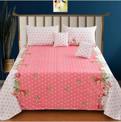 Apni Dukan 204 TC Cotton Queen Printed Flat Bedsheet(Pack of 1, Pink (1 Bedsheet+2 Pillow cover+2 Cushion with filler)) Apni Dukan 204 TC Cotton Queen Printed Flat Bedsheet(Pack of 1, Pink (1 Bedsheet+2 Pillow cover+2 Cushion with filler))