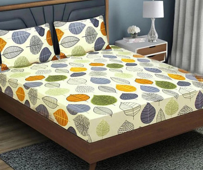 Arish handloom Cotton Double Flat 220 TC Floral Bedsheet(Pack of 1, Light Cream)