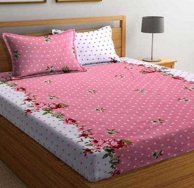 Rumps 220 TC Microfiber Double, King, Queen Self Design Fitted (Elastic) Bedsheet(Pack of 1, PINKDOT123)