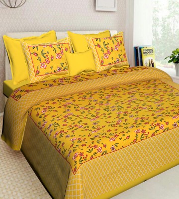 SK Collection 200 TC Cotton Double Jaipuri Prints Flat Bedsheet(Pack of 1, Yellow)