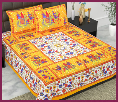 JAIPUR PRINTS Cotton Double Flat 210 TC Jaipuri Prints Bedsheet(Pack of 1, Yellow)