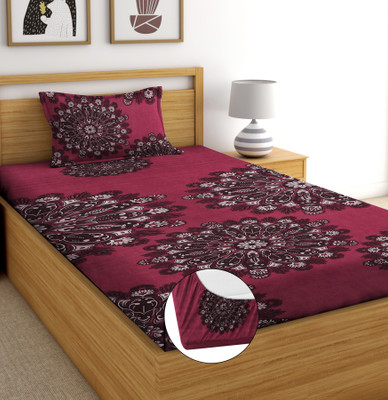 Decorum Cotton Single Fitted (Elastic) 180 TC Printed Bedsheet(Pack of 1, Maroon)