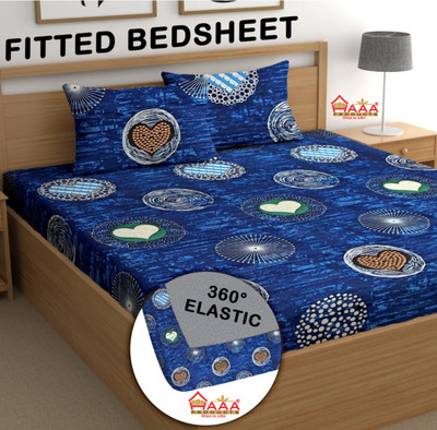 AAA PRODUCTS 300 TC Cotton King Printed Fitted (Elastic) Bedsheet(Pack of 1, Blue)