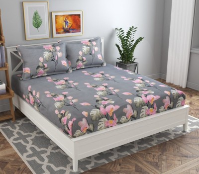VORDVIGO 220 TC Cotton Queen Floral Fitted (Elastic) Bedsheet(Pack of 1, Grey)
