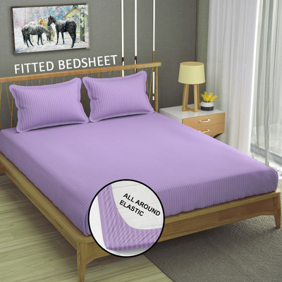 Homefab India Cotton King Fitted (Elastic) 140 TC Striped Bedsheet(Pack of 1, Purple)