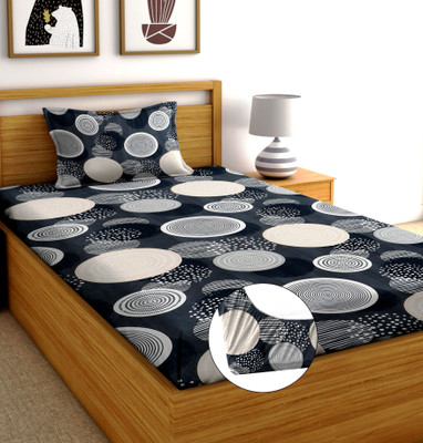 Moonroof Cotton Single Fitted (Elastic) 240 TC Printed Bedsheet(Pack of 1, Grey, White, Black)