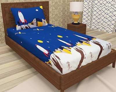 Kawi 200 TC Polycotton Single Printed Fitted (Elastic) Bedsheet(Pack of 1, Blue)