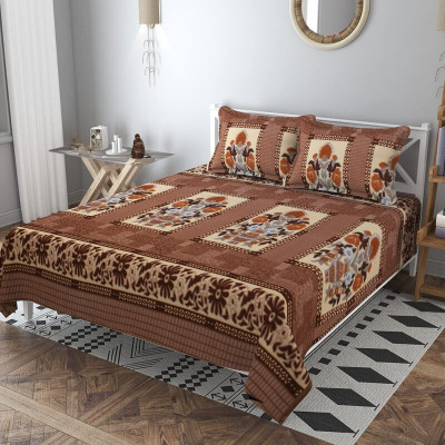 VA Creations Woolen Double Flat 250 TC Floral Bedsheet(Pack of 1, Brown)