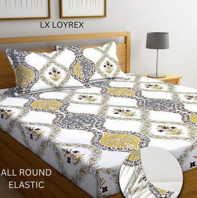 AJ fab Cotton Double Fitted (Elastic) 210 TC Jaipuri Prints Bedsheet(Pack of 1, White)