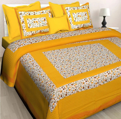Lokesh Creashan 600 TC Cotton Double Jaipuri Prints Flat Bedsheet(Pack of 1, Yellow)