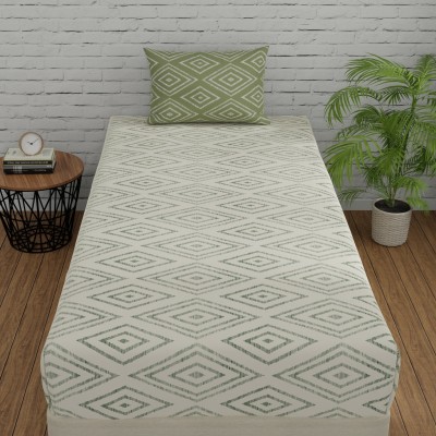 Huesland 144 TC Cotton Single Geometric Flat Bedsheet(Pack of 1, White & Sage Green)
