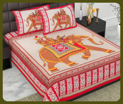 BedZone Cotton Double Flat 240 TC Jaipuri Prints Bedsheet(Pack of 1, Red)