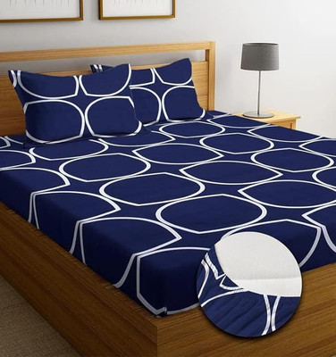 OLDENNA 250 TC Microfiber Double 3D Printed Fitted (Elastic) Bedsheet(Pack of 1, Blue)